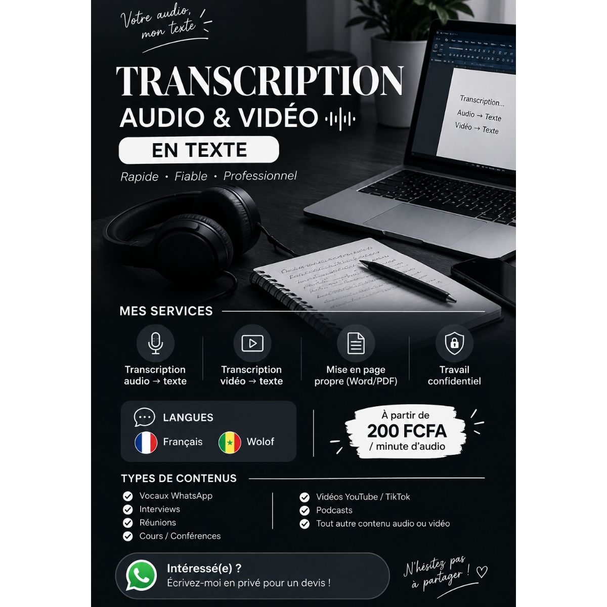 Transcription audio et vidéo en texte – Français/Wolof